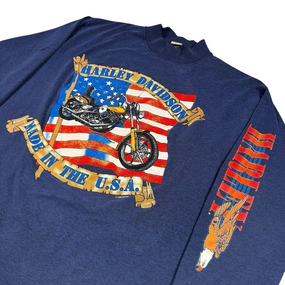 Vintage Harley Davidson Mens Large America Made USA Flag Patriotic Bikercore 80s